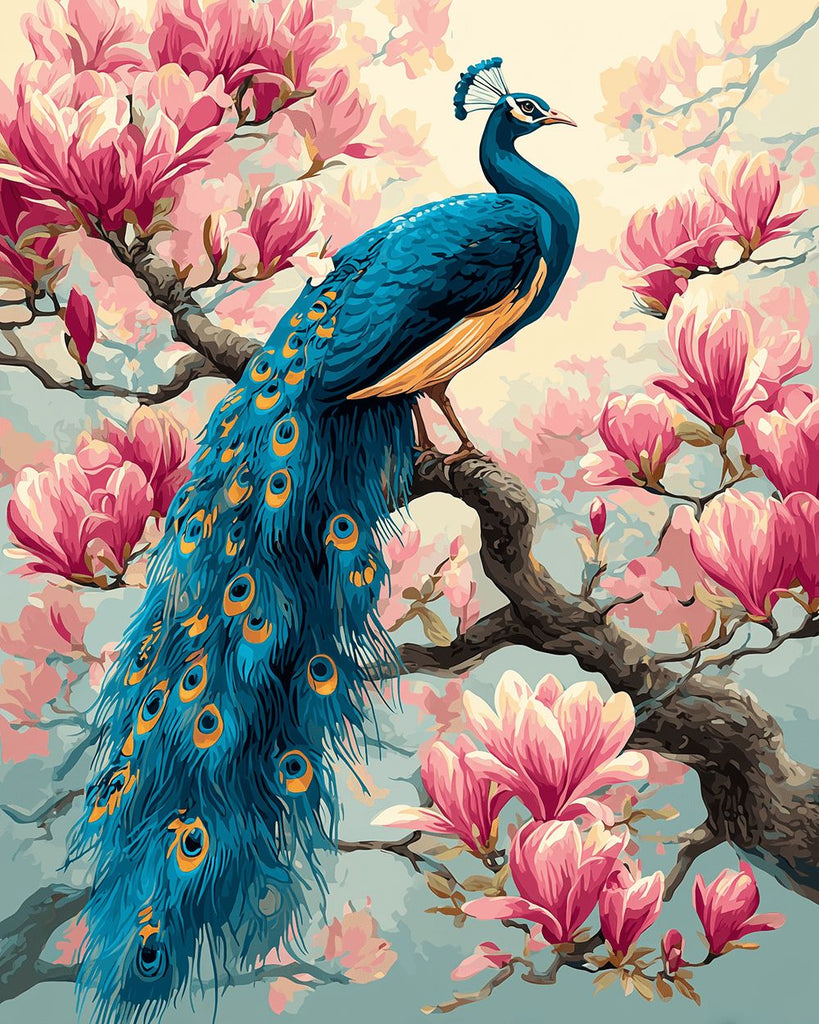Pavo Real Verde en Árbol de Magnolia Rosada Pintar por Números