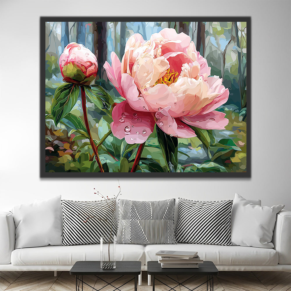 Peonía Rosada y Capullo de Flor en Bosque Pintar por Números