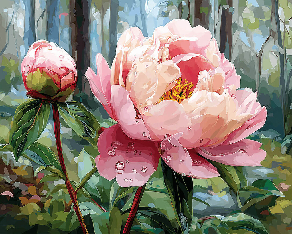 Peonía Rosada y Capullo de Flor en Bosque Pintar por Números