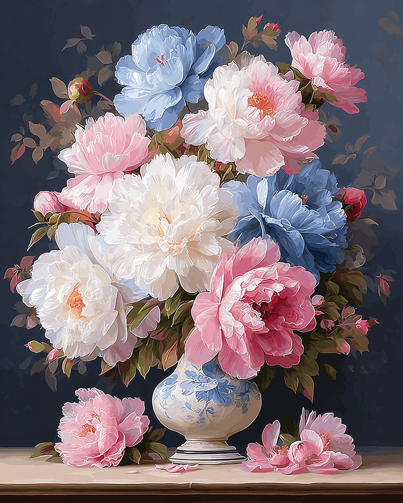 Peonías Coloridas en Jarrón de Porcelana Azul y Blanca Pintar por Números