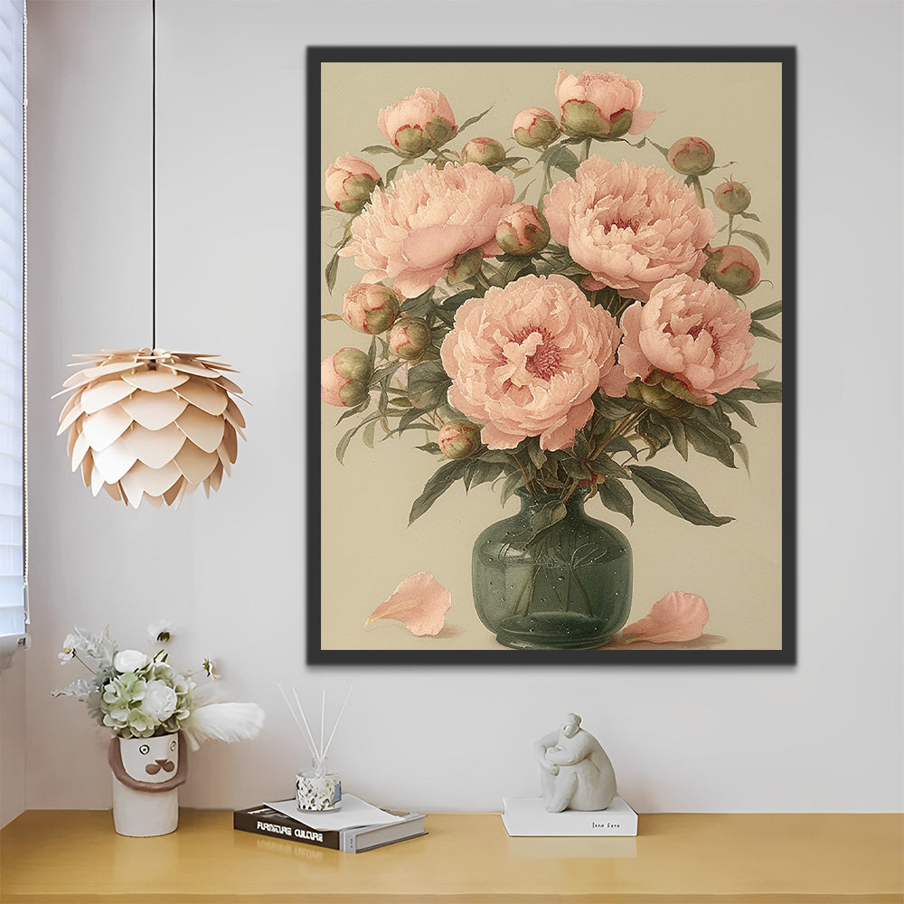 Peonías Rosadas en Florero de Color Verde Pintar por Números
