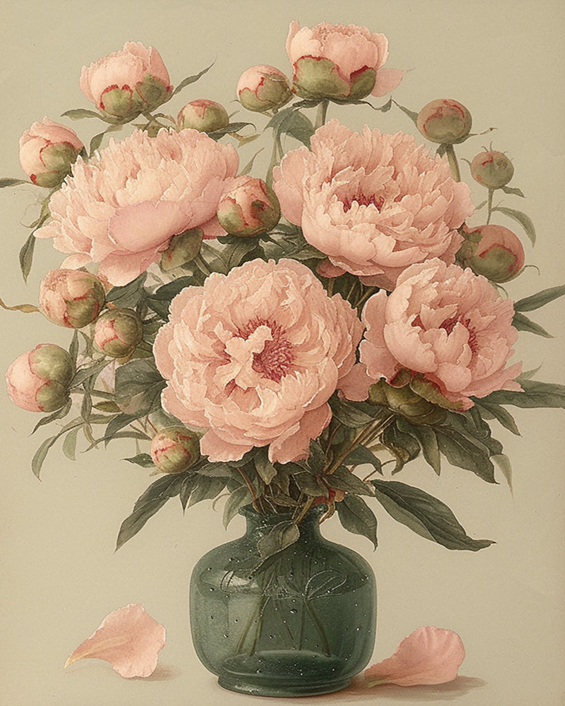 Peonías Rosadas en Florero de Color Verde Pintar por Números