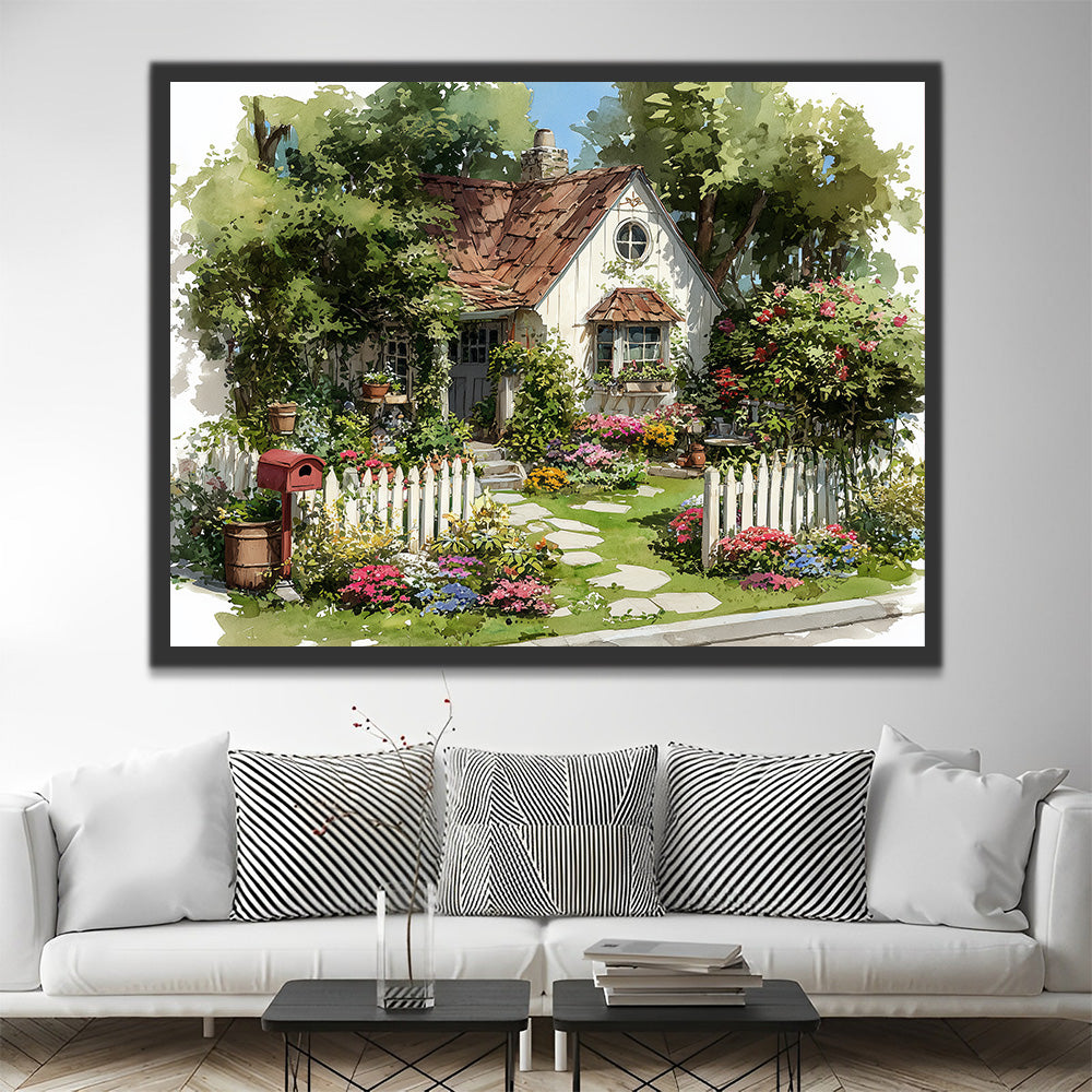 Pequeña Casa Blanca Llena de Flores y Plantas Pintar por Números