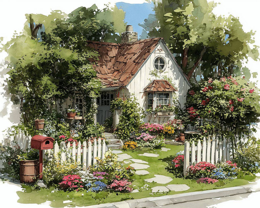 Pequeña Casa Blanca Llena de Flores y Plantas Pintar por Números