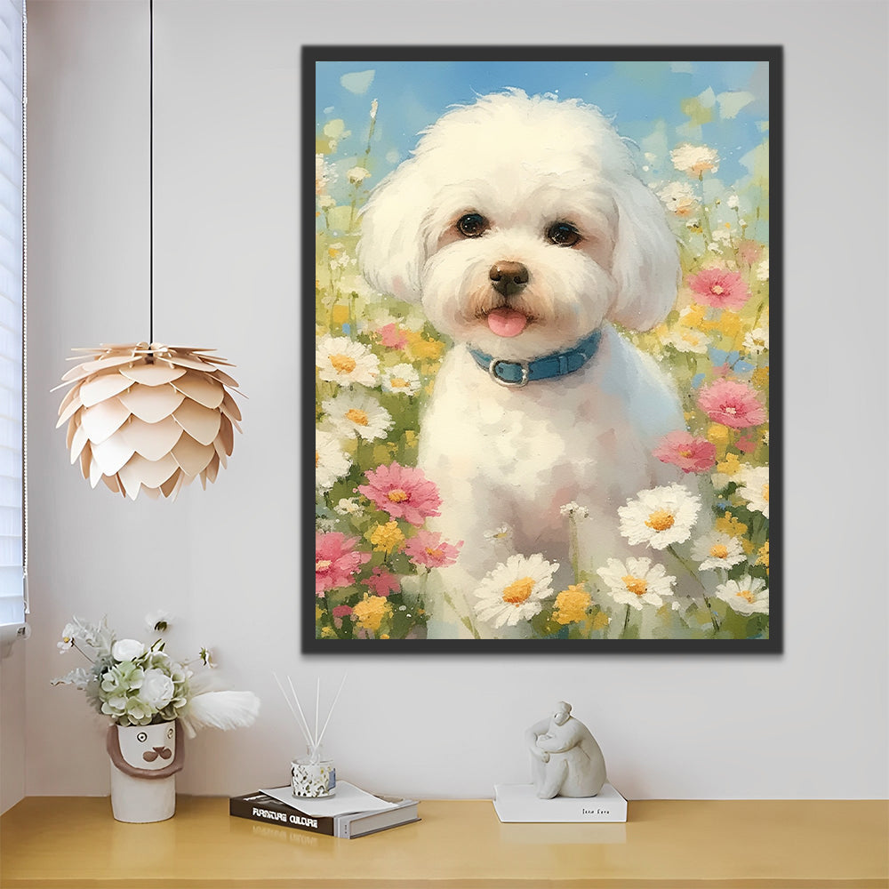 Perrito Blanco Adorable entre Campo de Camomilas Pintar por Números
