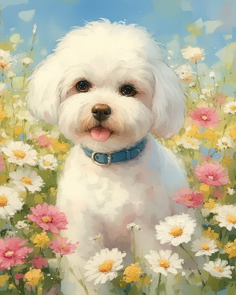 Perrito Blanco Adorable entre Campo de Camomilas Pintar por Números