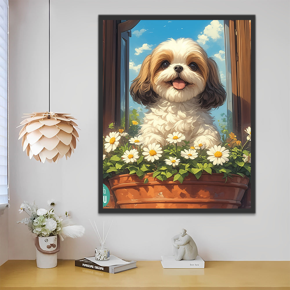 Perro Lindo sobre Flores de Camomila Pintar por Números