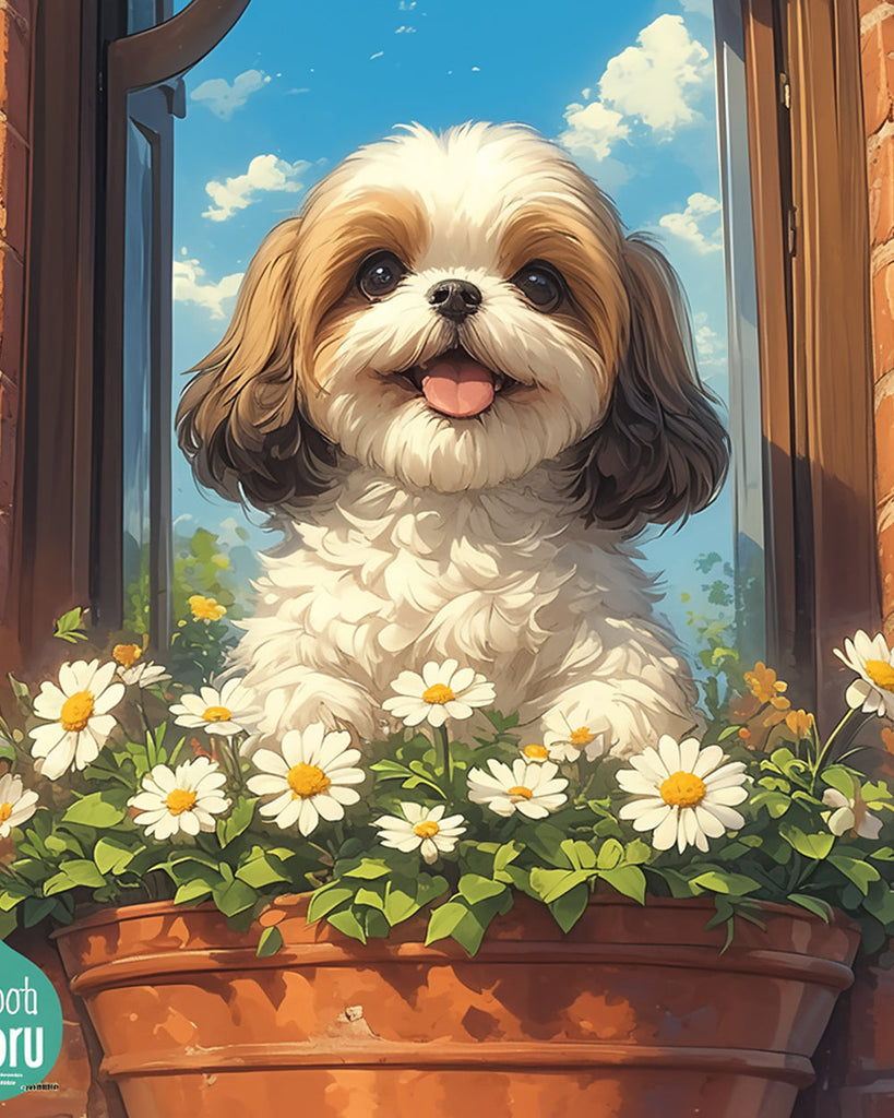 Perro Lindo sobre Flores de Camomila Pintar por Números