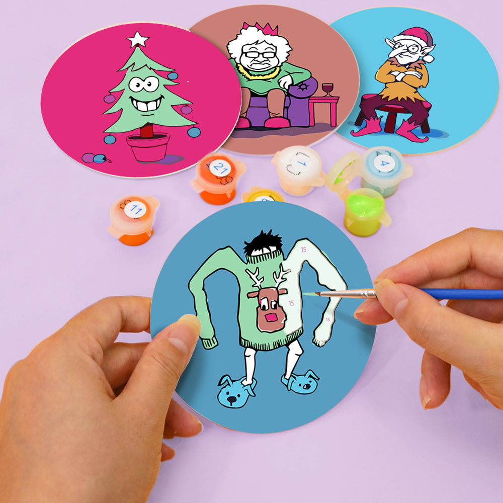 Personajes Navideños de Dibujos Animados 4 Posavasos Pintar por Números