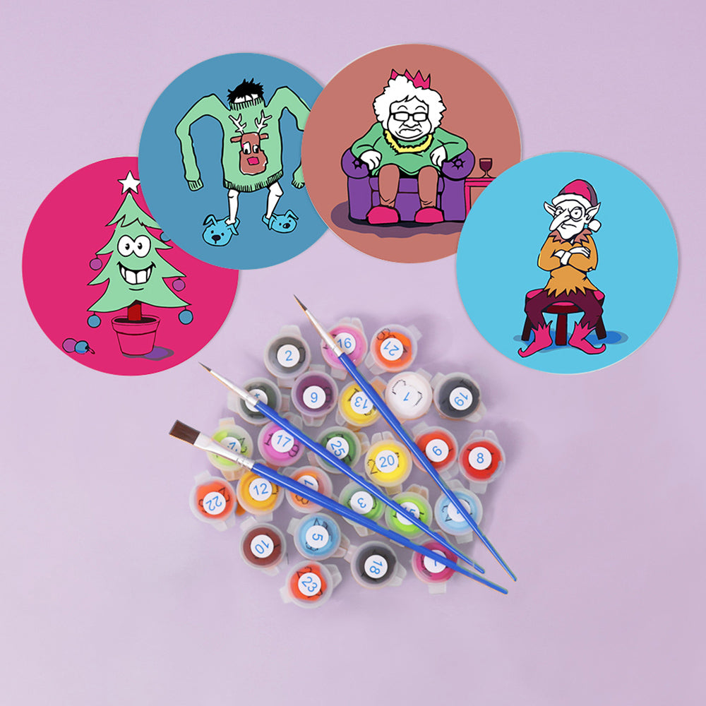 Personajes Navideños de Dibujos Animados 4 Posavasos Pintar por Números