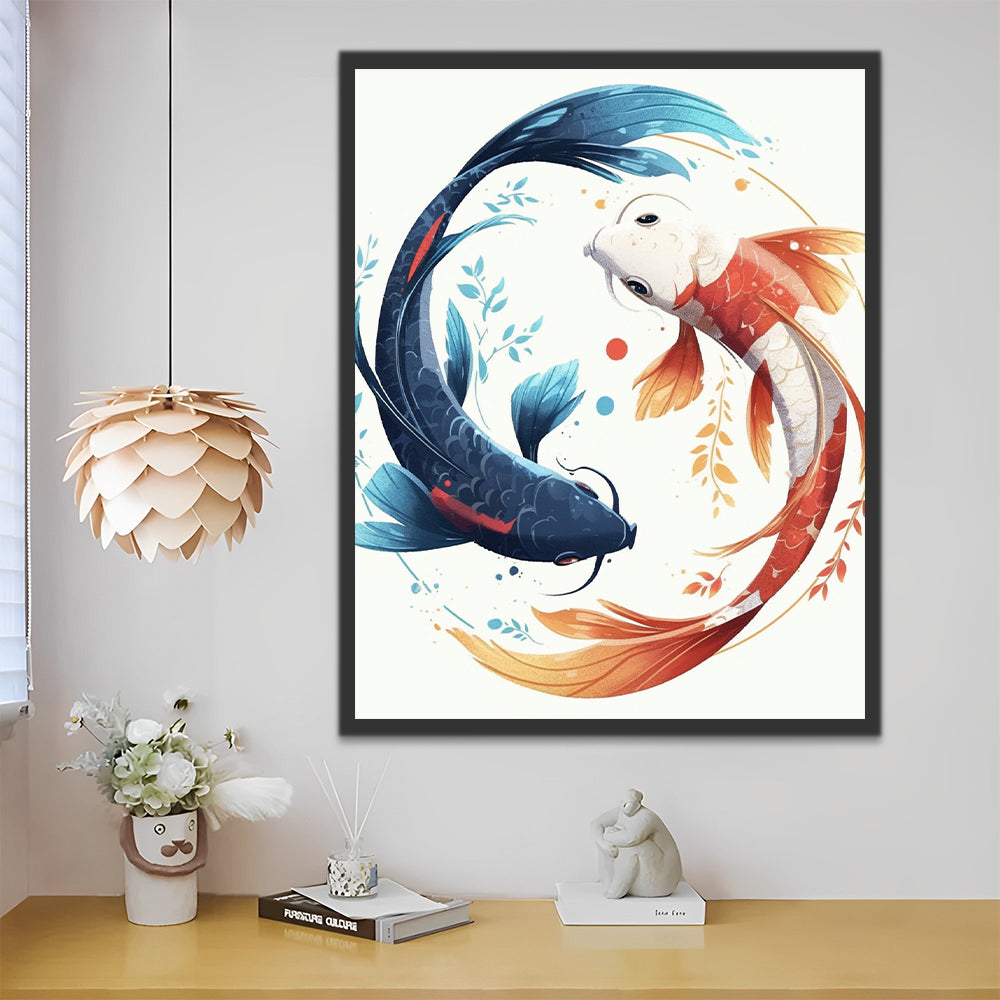 Pez Koi Azul y Rojo en Circulo Pintar por Números