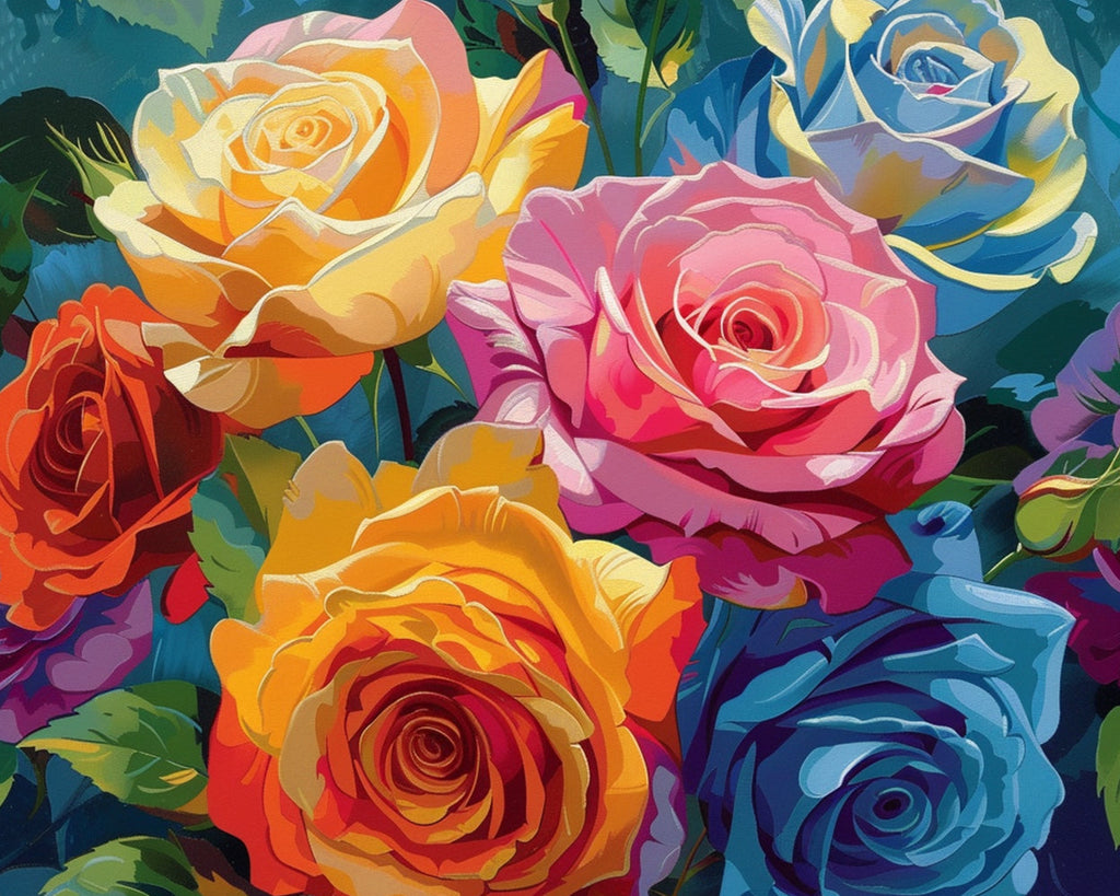 Pintura al Óleo de Rosas de Colores Arcoíris Pintar por Números
