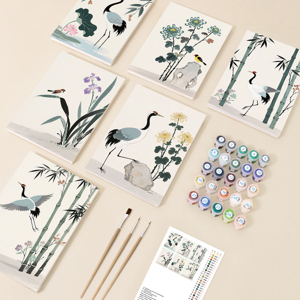 Pintura en Tinta de Grullas y Bambú 6 Partes Mini Pintar por Números