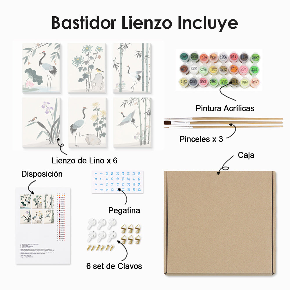 Pintura en Tinta de Grullas y Bambú 6 Partes Mini Pintar por Números