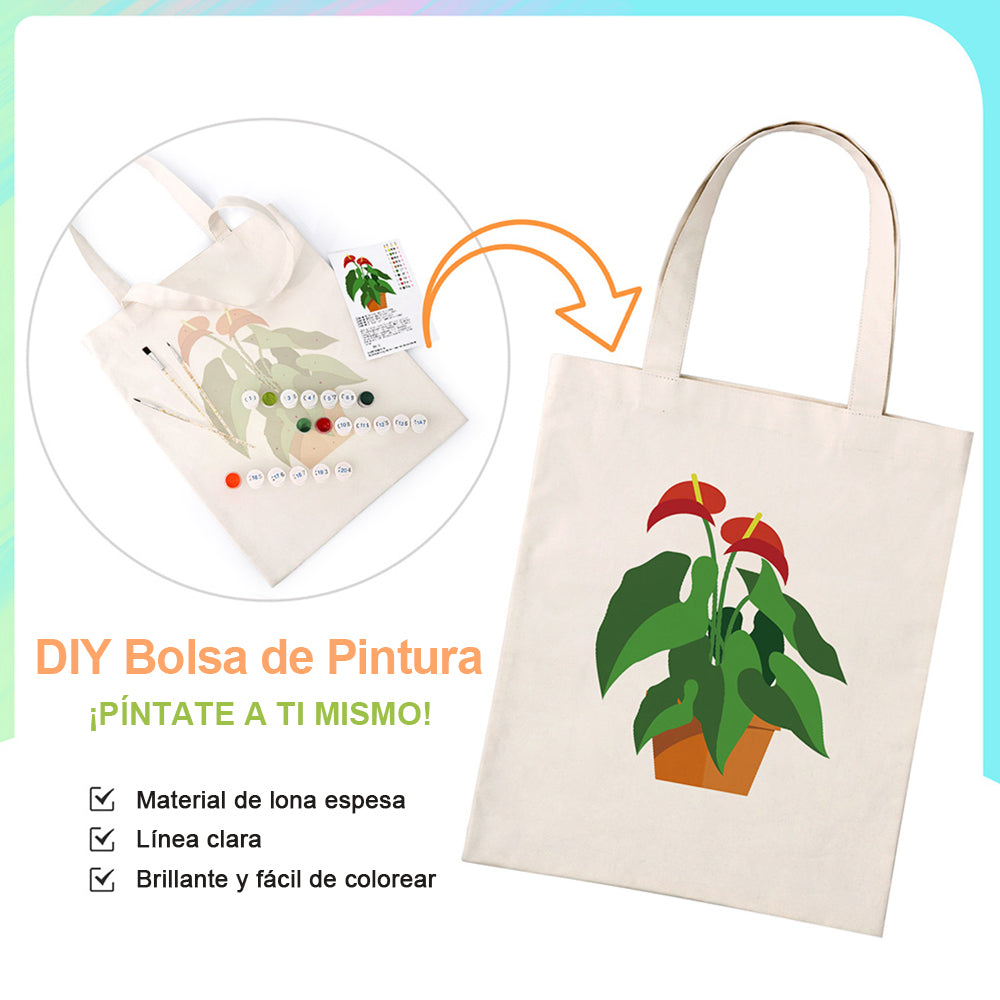 Plantas en Maceta con Flor Roja y Hoja Verde Bolsa de Lienzo Pintar por Números