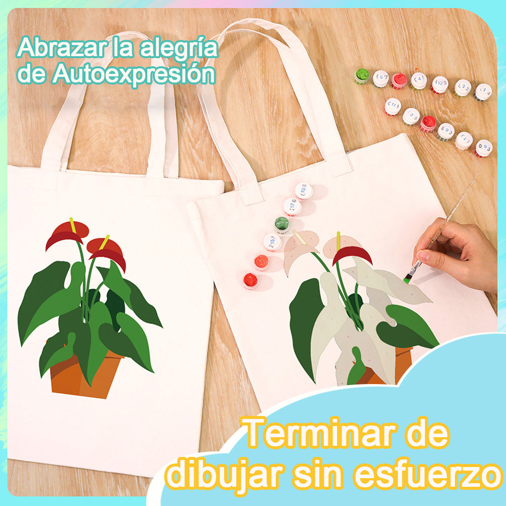 Plantas en Maceta con Flor Roja y Hoja Verde Bolsa de Lienzo Pintar por Números