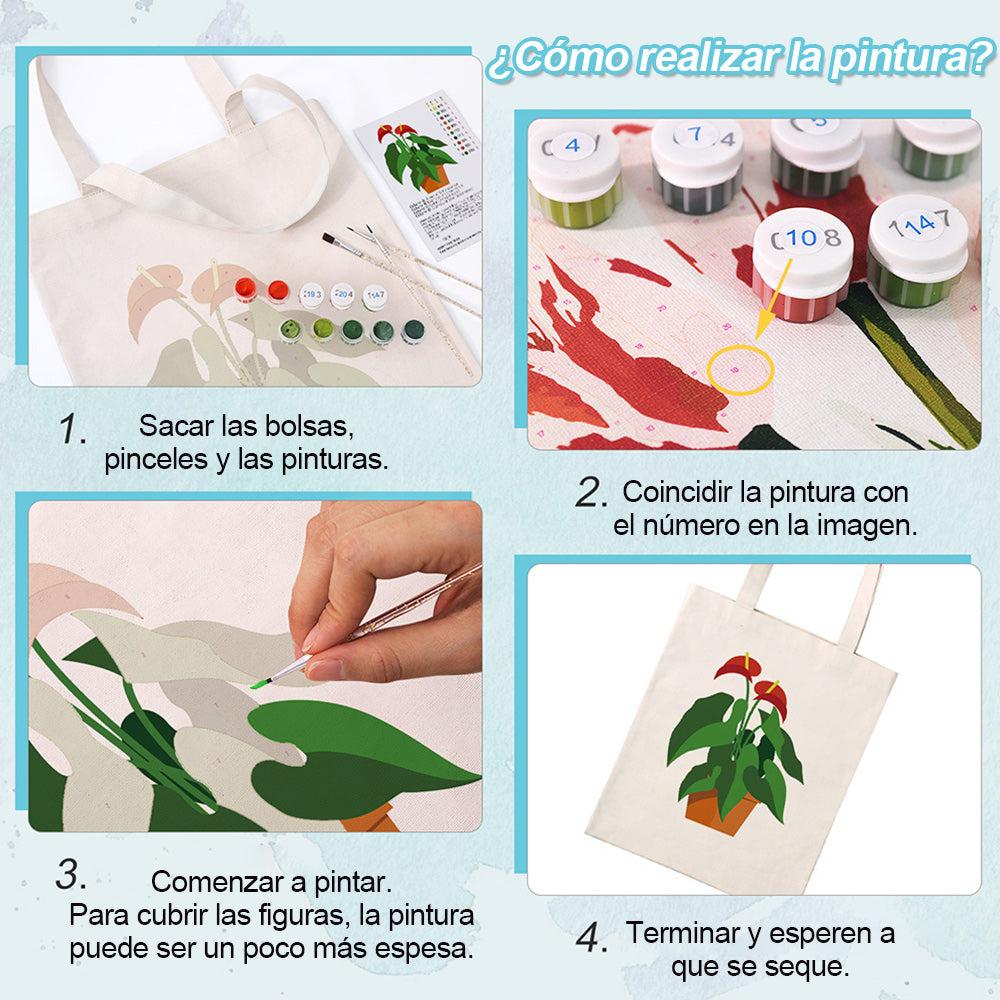 Plantas en Maceta con Flor Roja y Hoja Verde Bolsa de Lienzo Pintar por Números