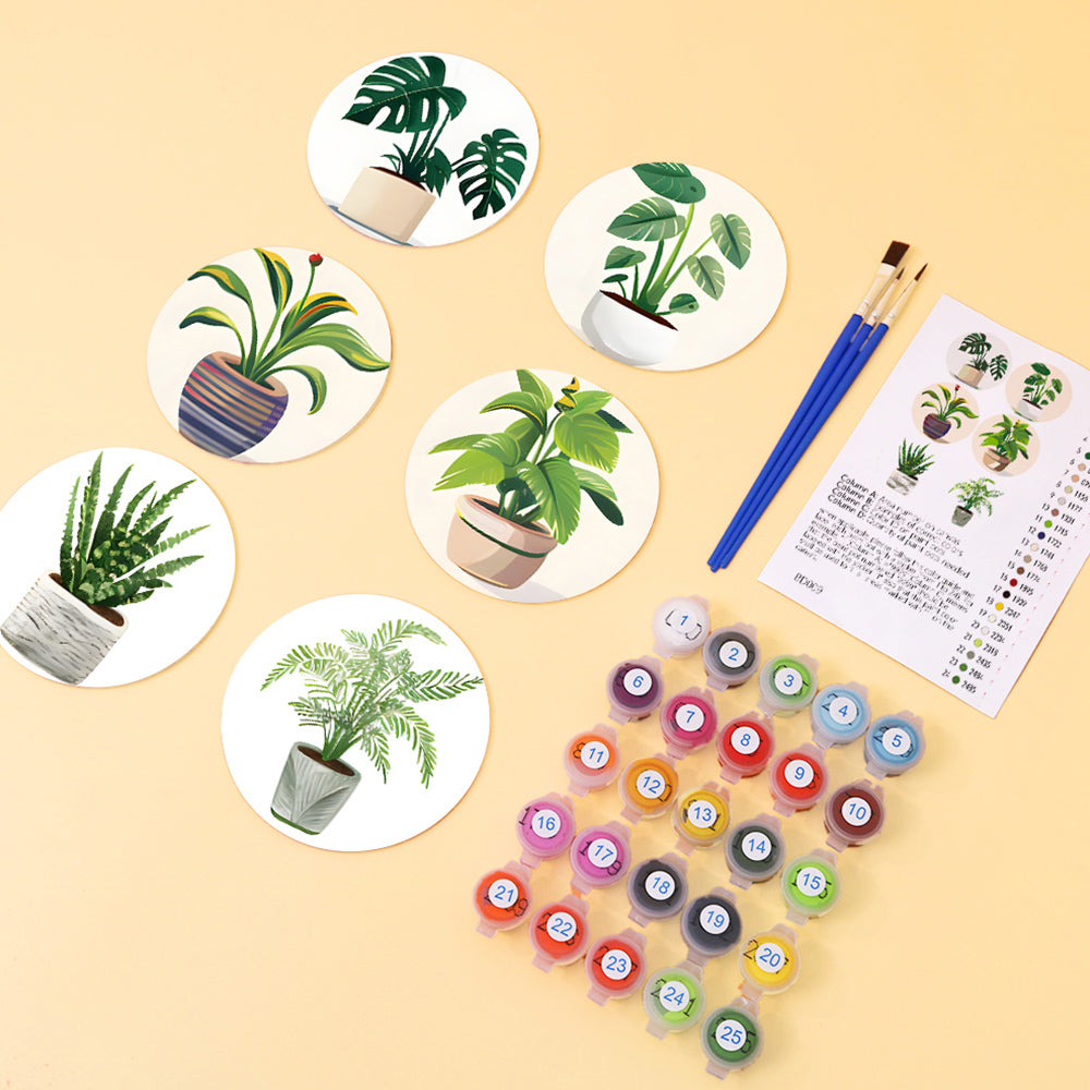 Plantas Tropicales en Maceta 6 Posavasos Pintar por Números