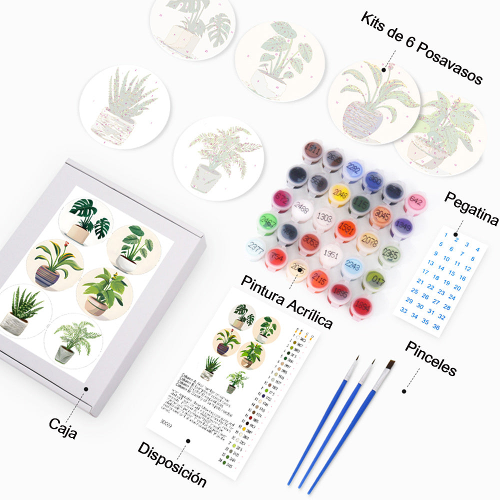 Plantas Tropicales en Maceta 6 Posavasos Pintar por Números