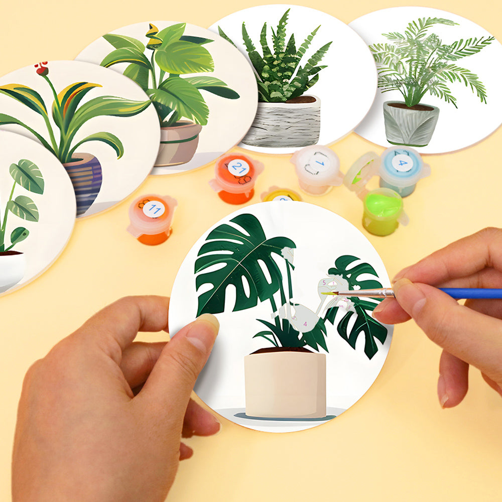 Plantas Tropicales en Maceta 6 Posavasos Pintar por Números