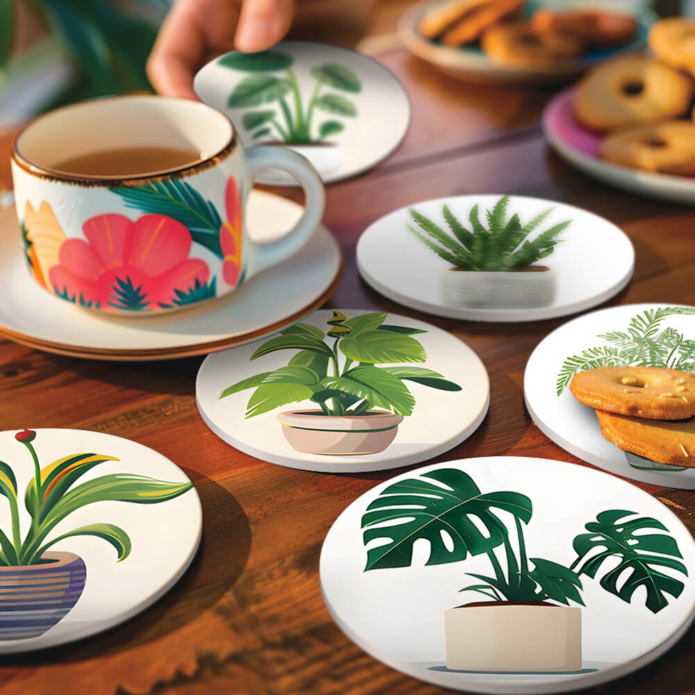 Plantas Tropicales en Maceta 6 Posavasos Pintar por Números