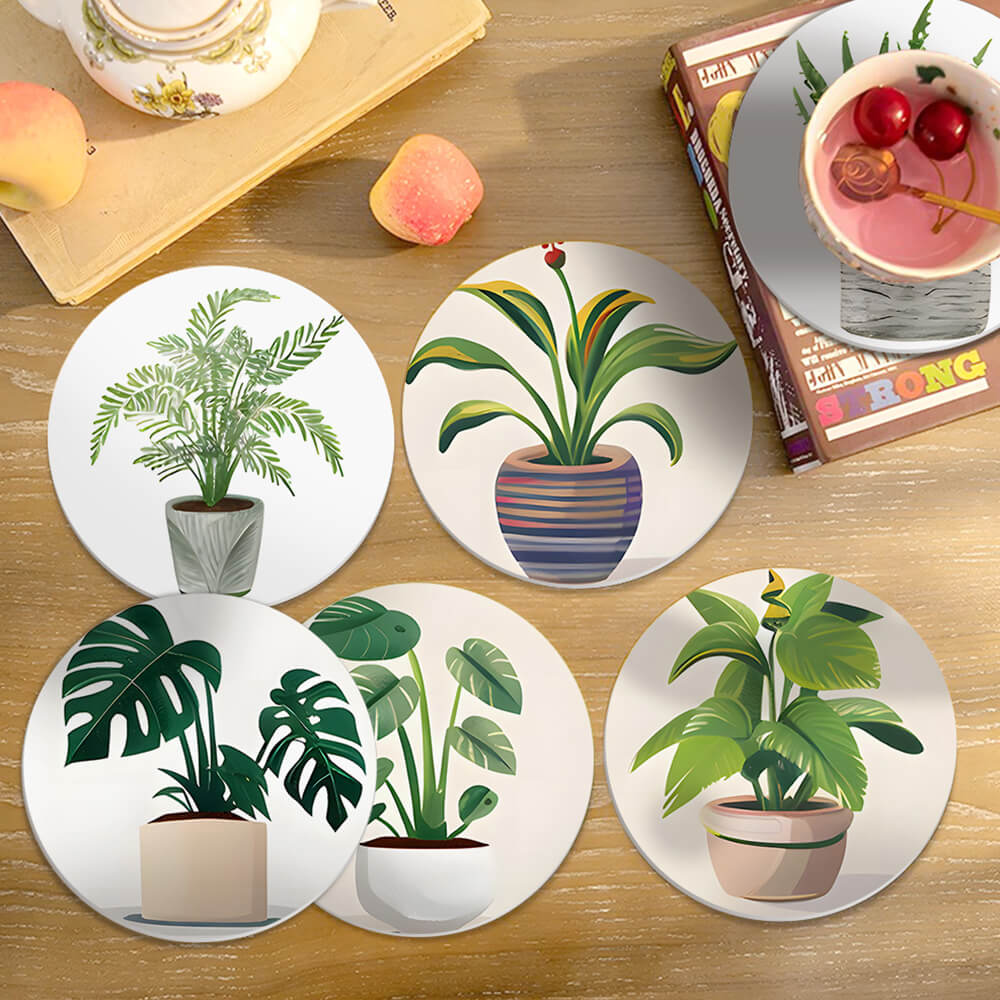 Plantas Tropicales en Maceta 6 Posavasos Pintar por Números