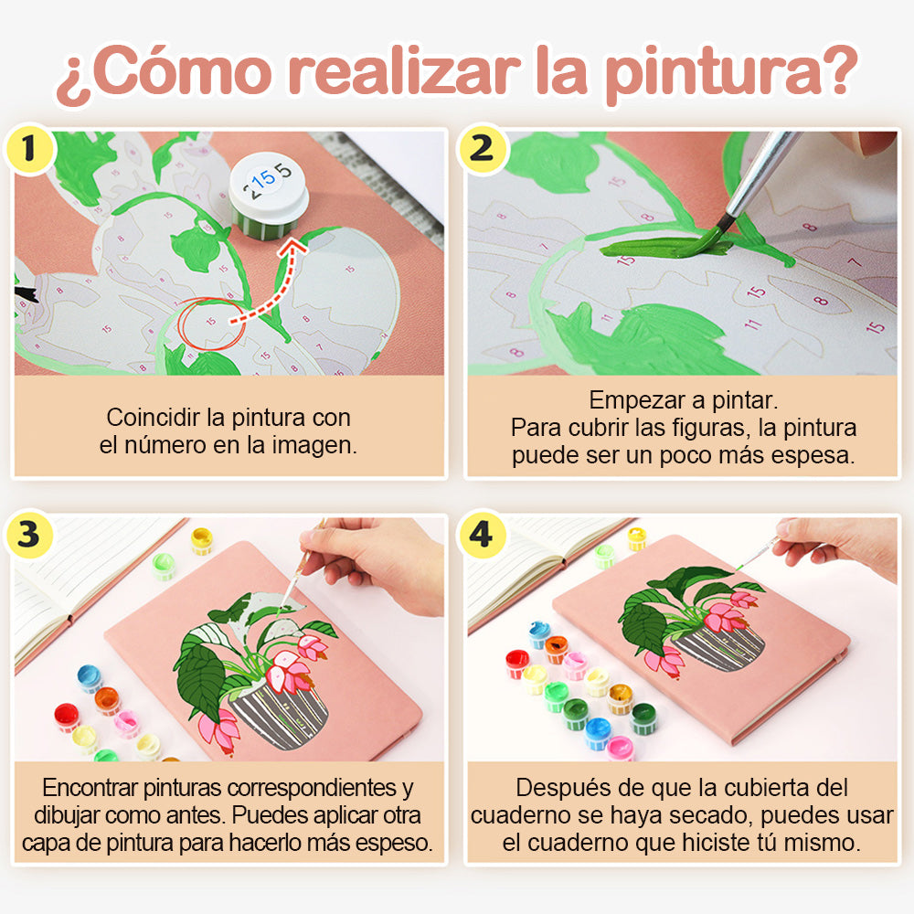 Plantas Verdes con Flores Rojas en Macetas Cuaderno Pintar por Números