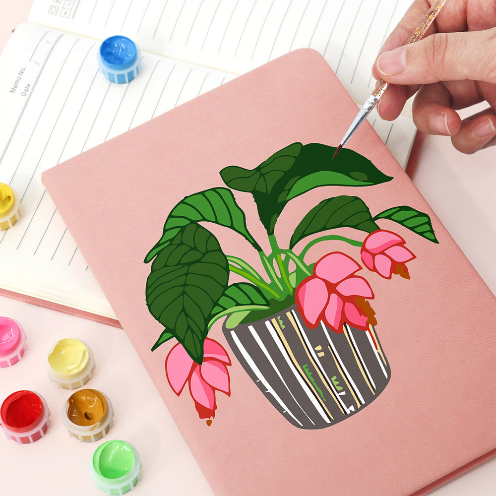 Plantas Verdes con Flores Rojas en Macetas Cuaderno Pintar por Números