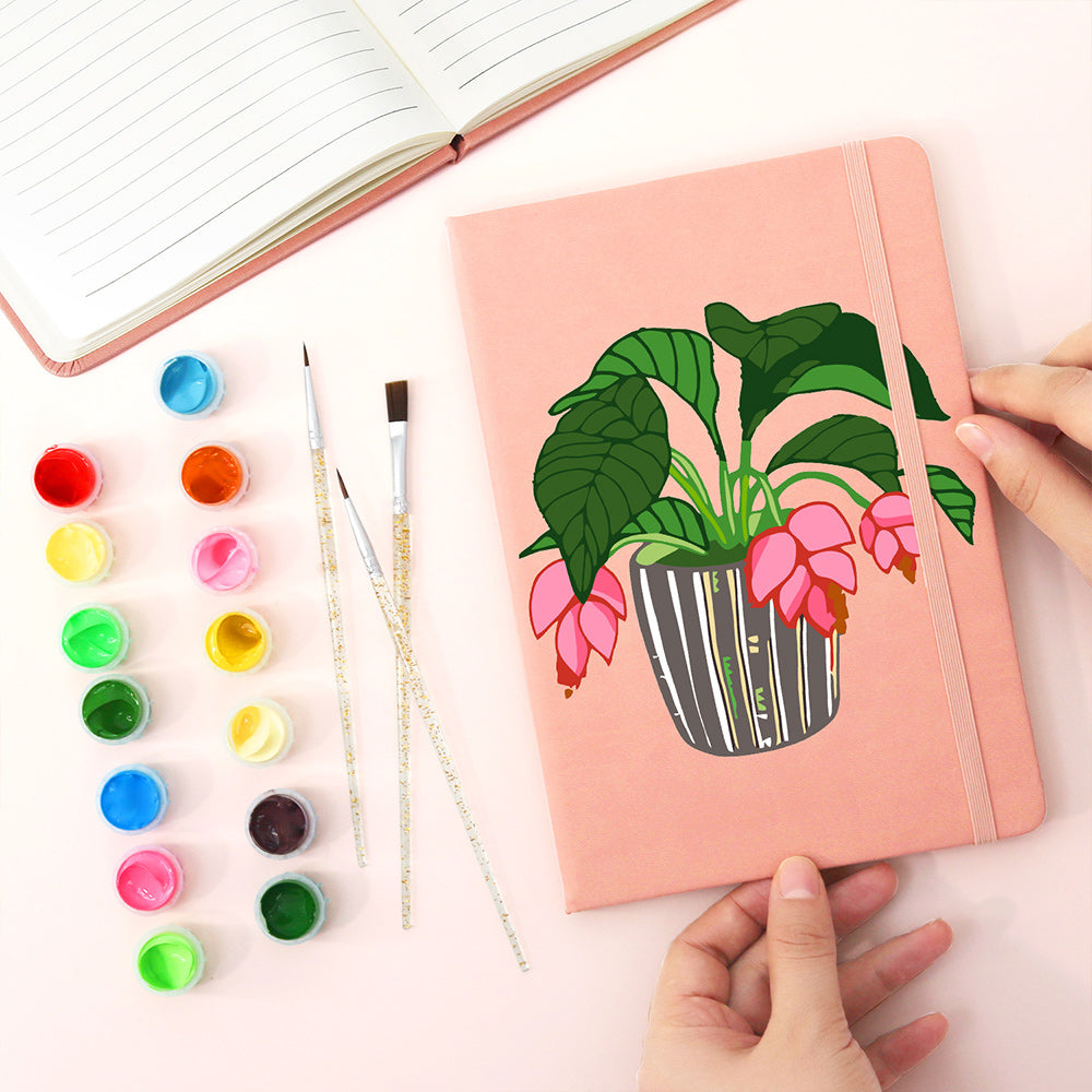 Plantas Verdes con Flores Rojas en Macetas Cuaderno Pintar por Números