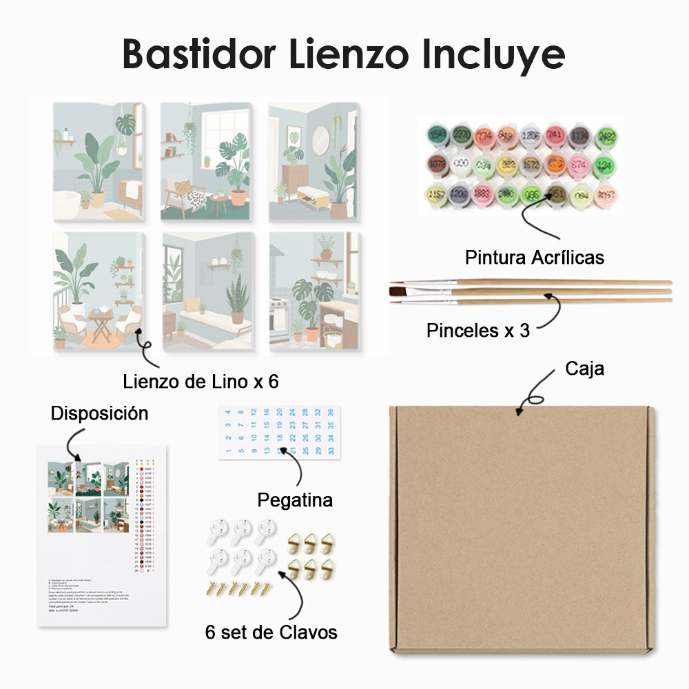 Plantas Verdes en la Habitación 6 Partes Mini Pintar por Números