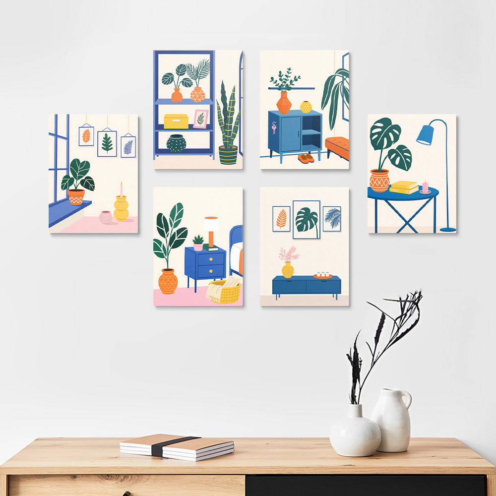 Plantas Verdes en Macetas en Habitación 6 Partes Mini Pintar por Números