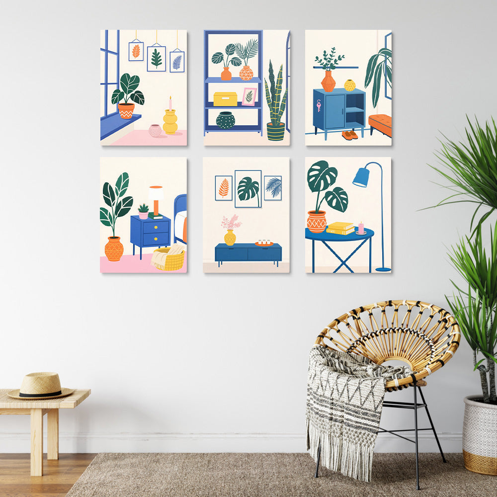 Plantas Verdes en Macetas en Habitación 6 Partes Mini Pintar por Números