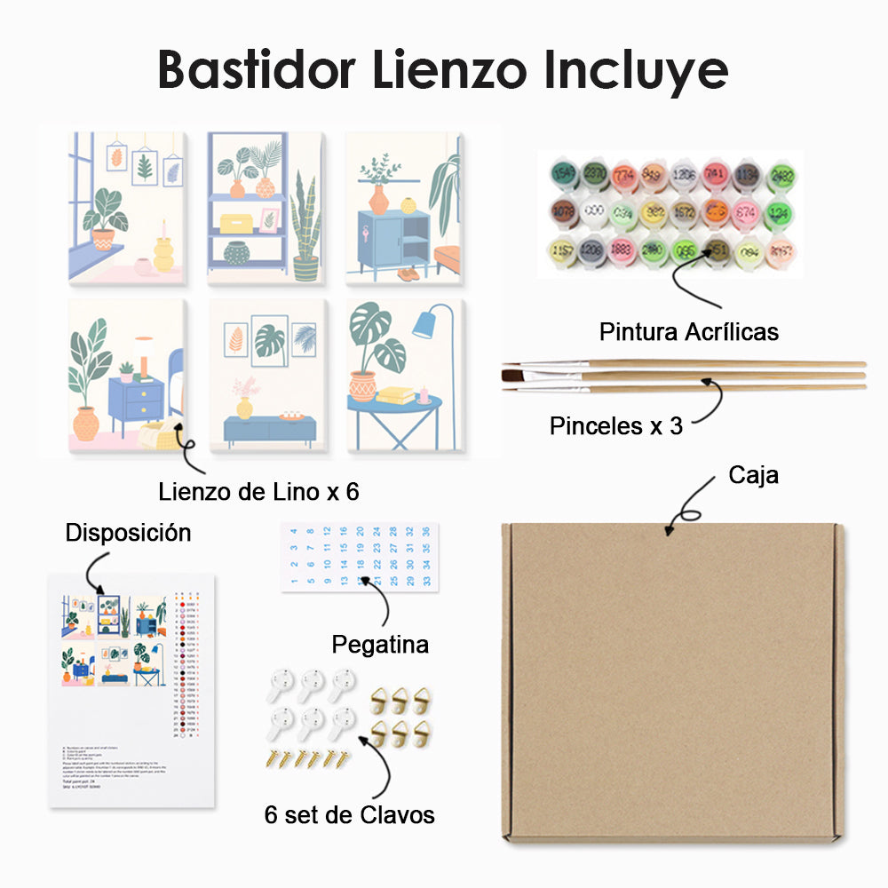 Plantas Verdes en Macetas en Habitación 6 Partes Mini Pintar por Números
