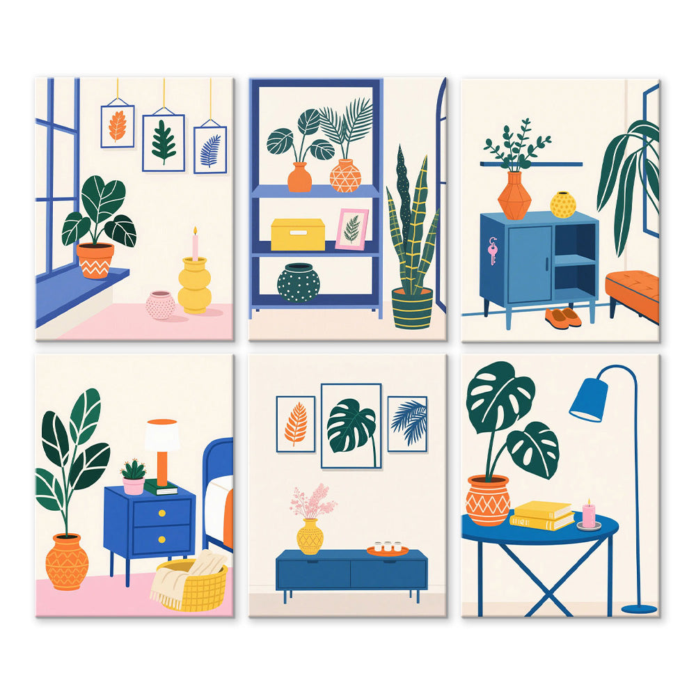 Plantas Verdes en Macetas en Habitación 6 Partes Mini Pintar por Números