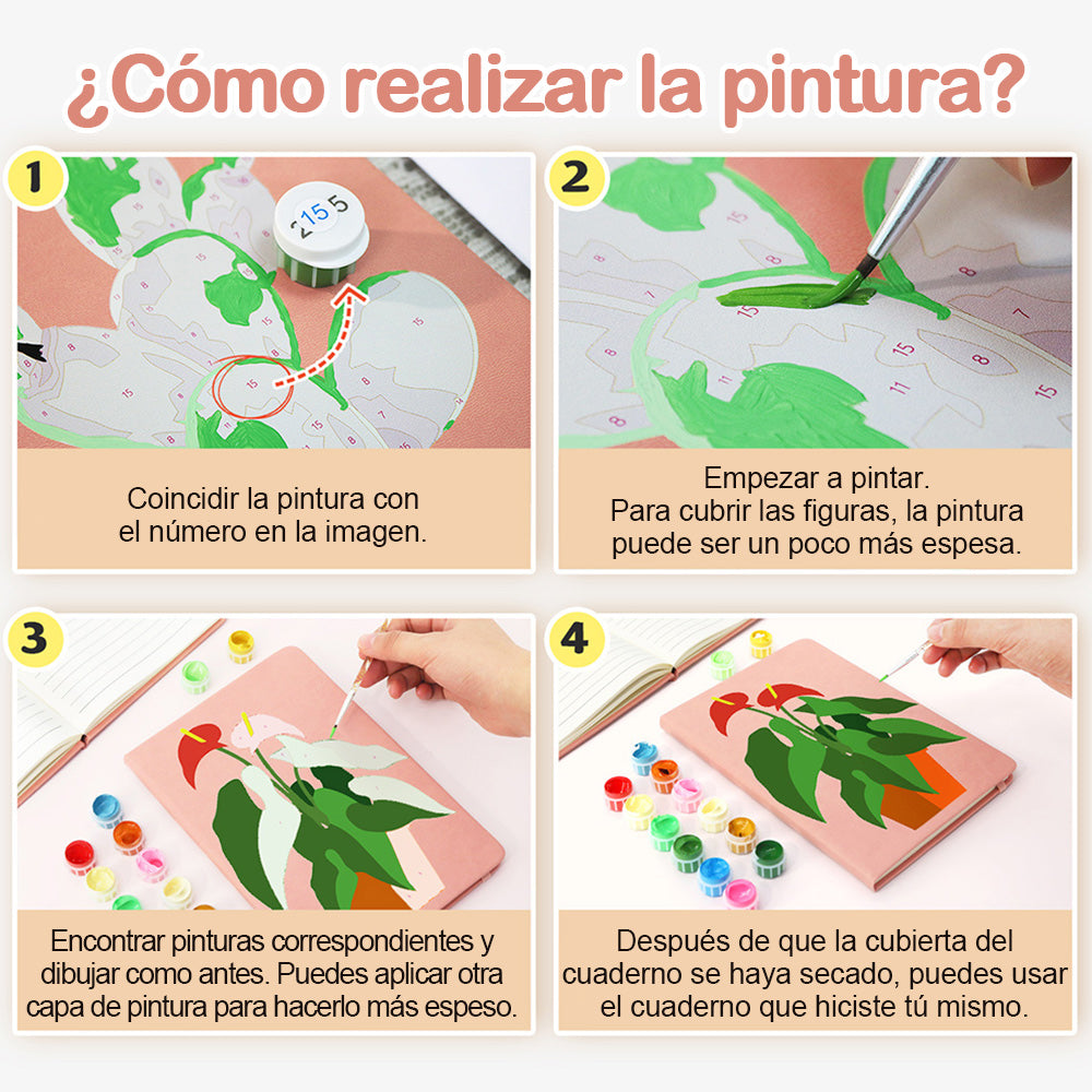 Plantas Verdes Florecientes en Maceta Cuaderno Pintar por Números
