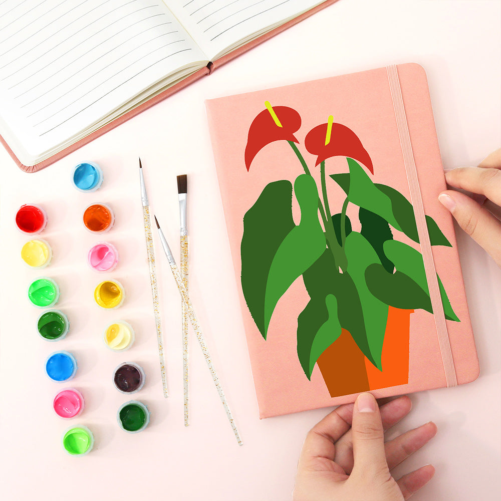 Plantas Verdes Florecientes en Maceta Cuaderno Pintar por Números