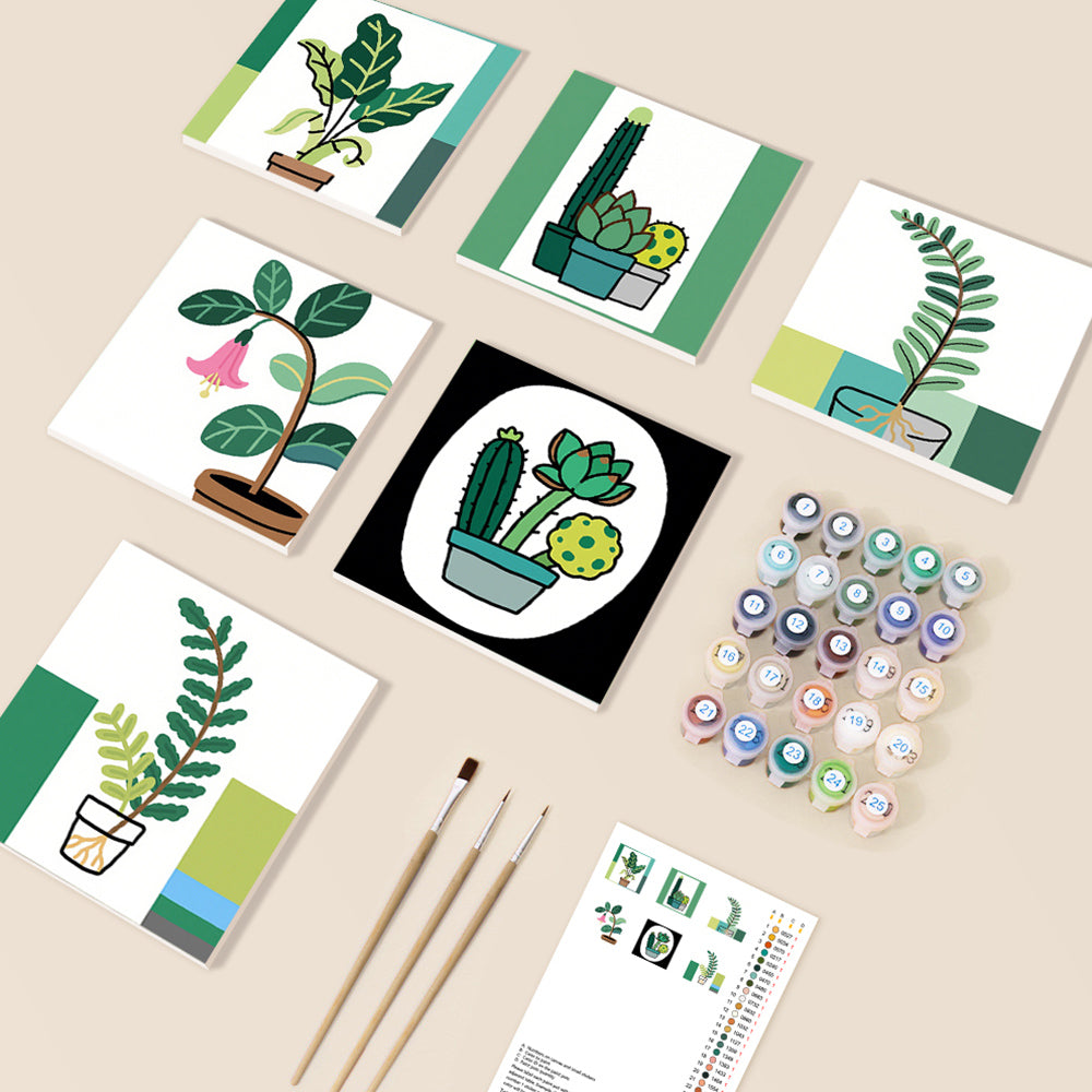 Plantas Verdes Simples en Macetas 6 Partes Mini Pintar por Números