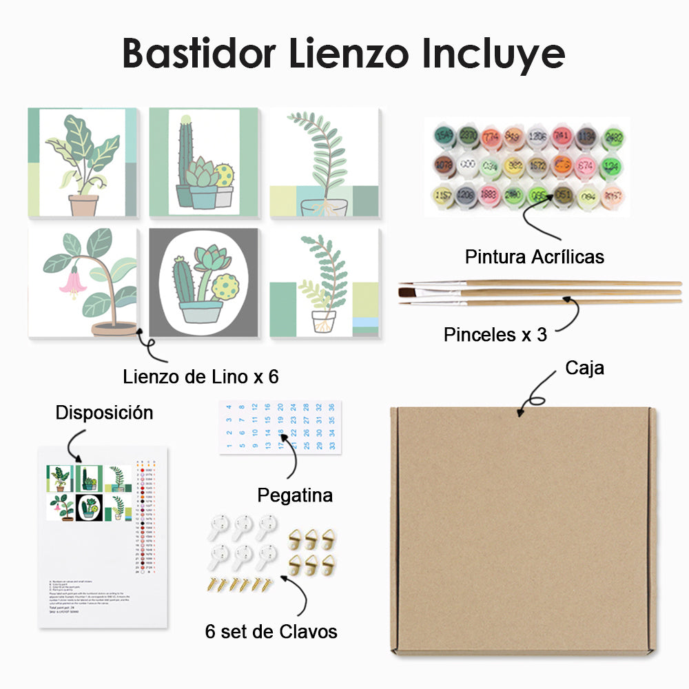 Plantas Verdes Simples en Macetas 6 Partes Mini Pintar por Números