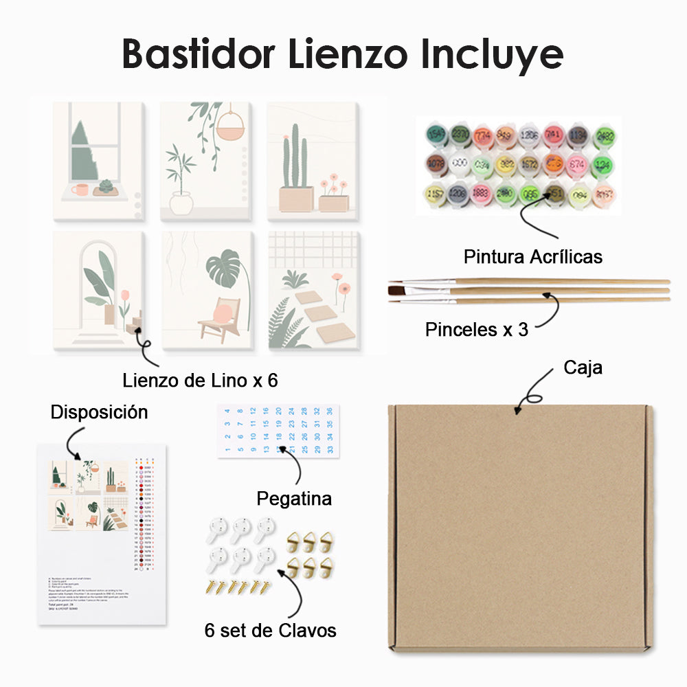 Plantas Verdes Simples y Tranquilas 6 Partes Mini Pintar por Números