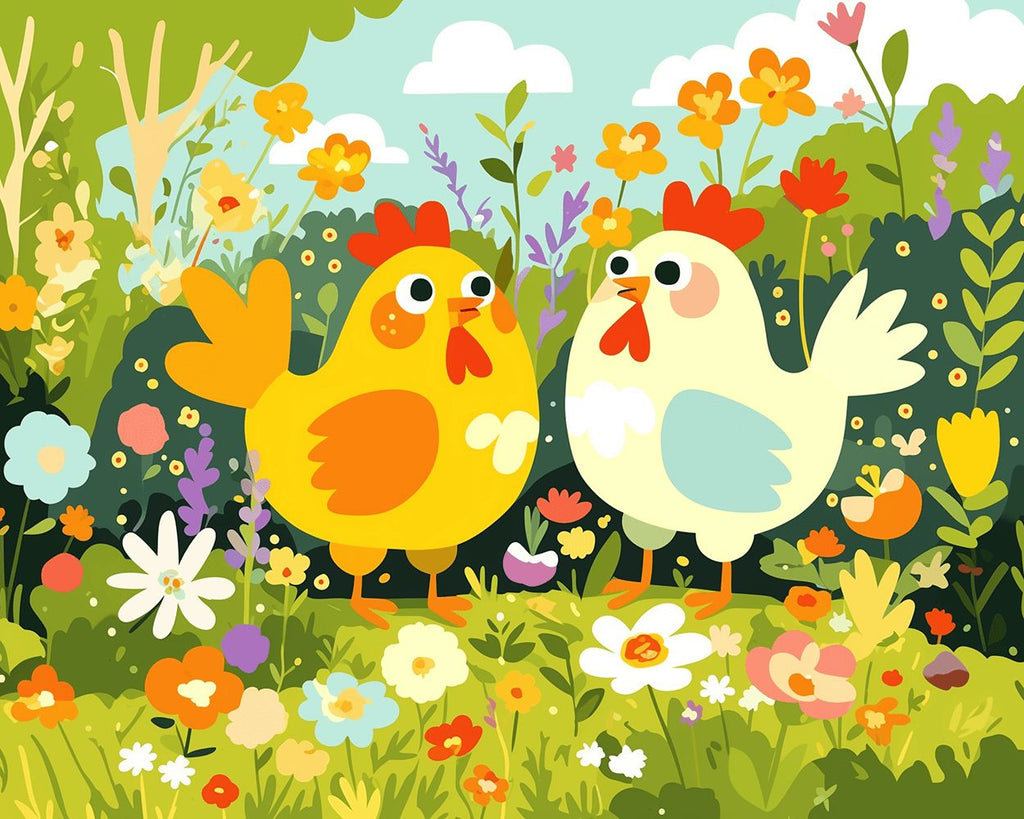 Pollos en Campo de Flores Silvestres en Primavera Pintar por Números