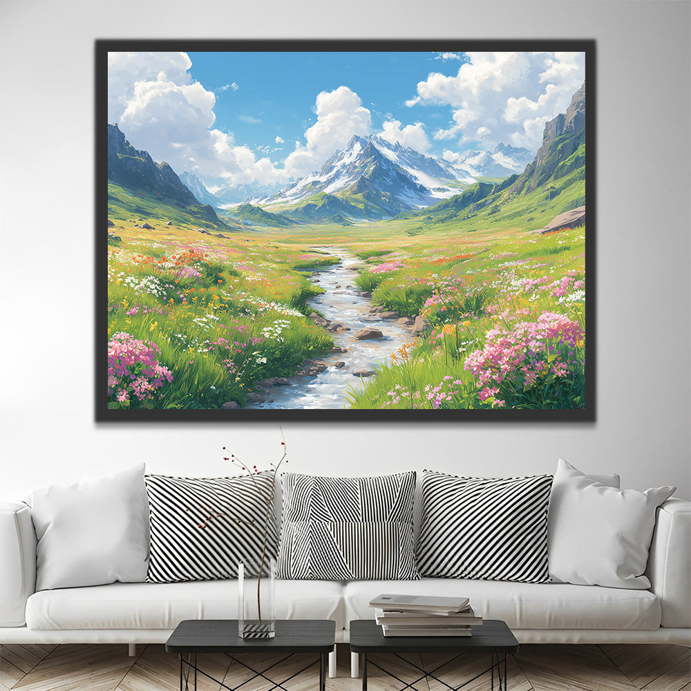 Prado con Flores y Arroyo al Pie de la Montaña Pintar por Números