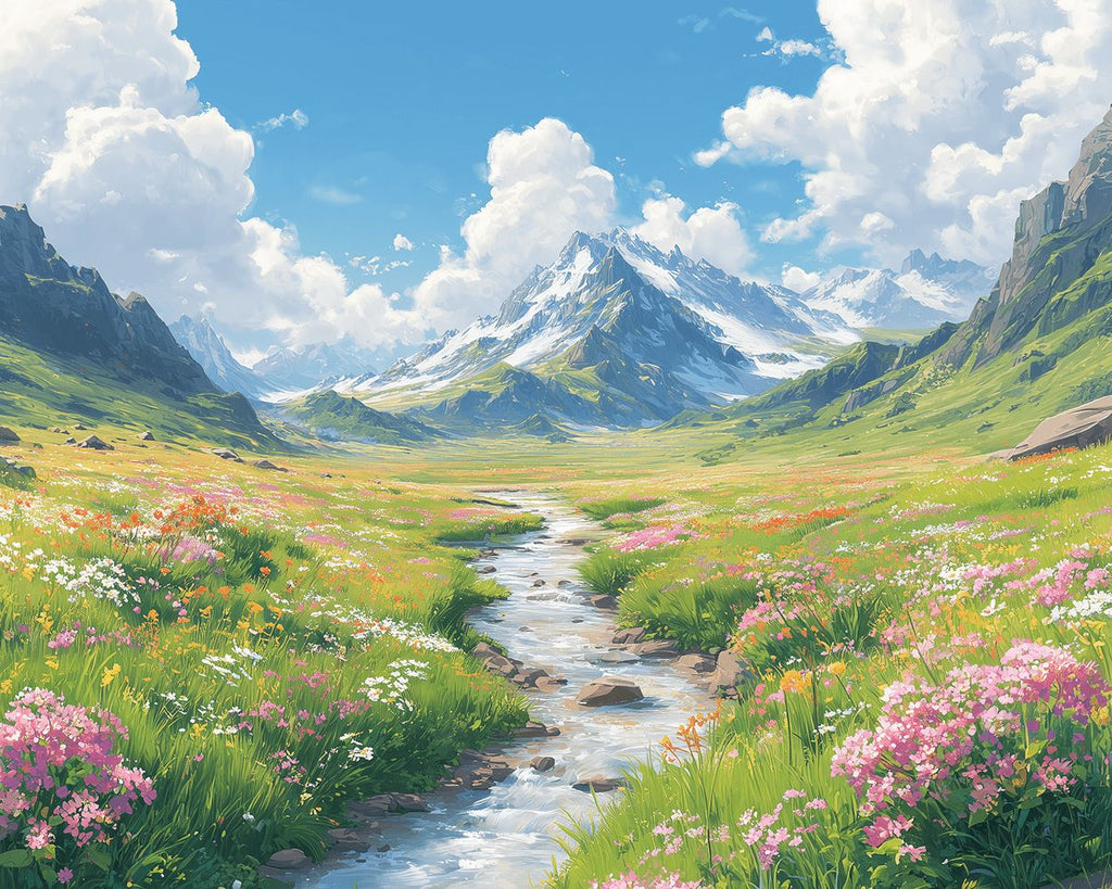 Prado con Flores y Arroyo al Pie de la Montaña Pintar por Números