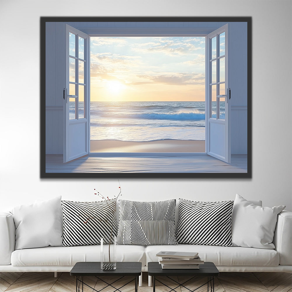 Puerta Abierta Blanca y Paisaje de Mar Pintar por Números