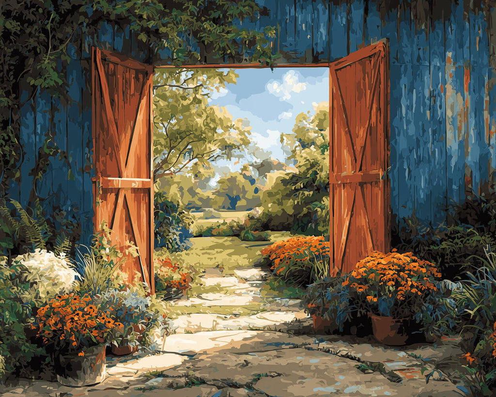 Puerta de Madera Azul y Flores en Macetas en el Campo Pintar por Números