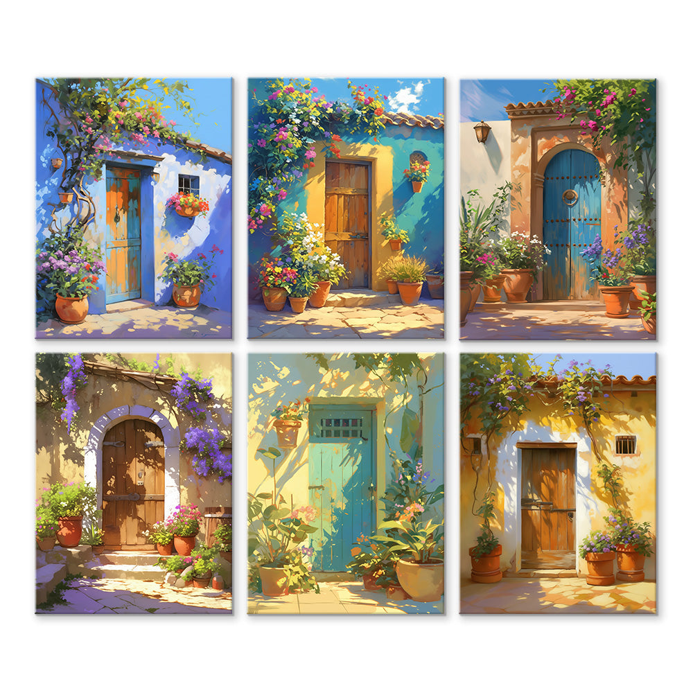 Puerta de Madera Cubierta de Flores 6 Partes Mini Pintar por Números