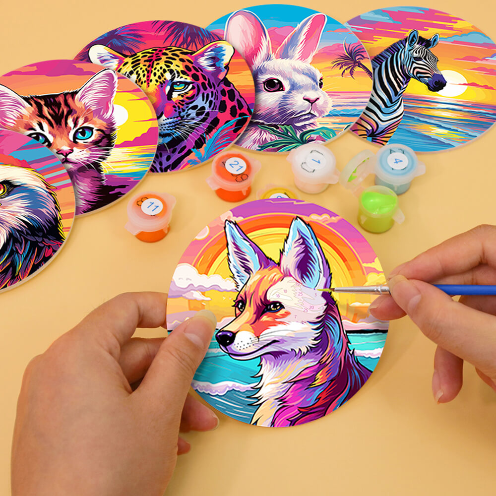 Puesta de Sol y Animales Junto al Mar 6 Posavasos Pintar por Números