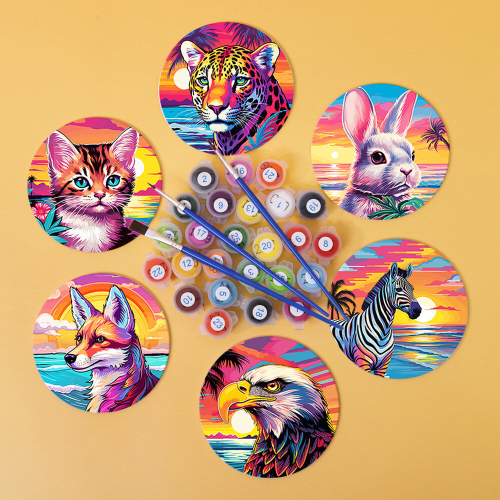 Puesta de Sol y Animales Junto al Mar 6 Posavasos Pintar por Números
