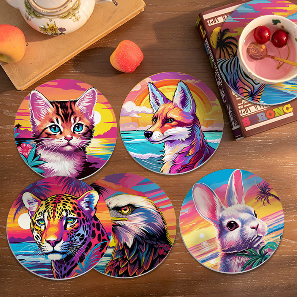 Puesta de Sol y Animales Junto al Mar 6 Posavasos Pintar por Números