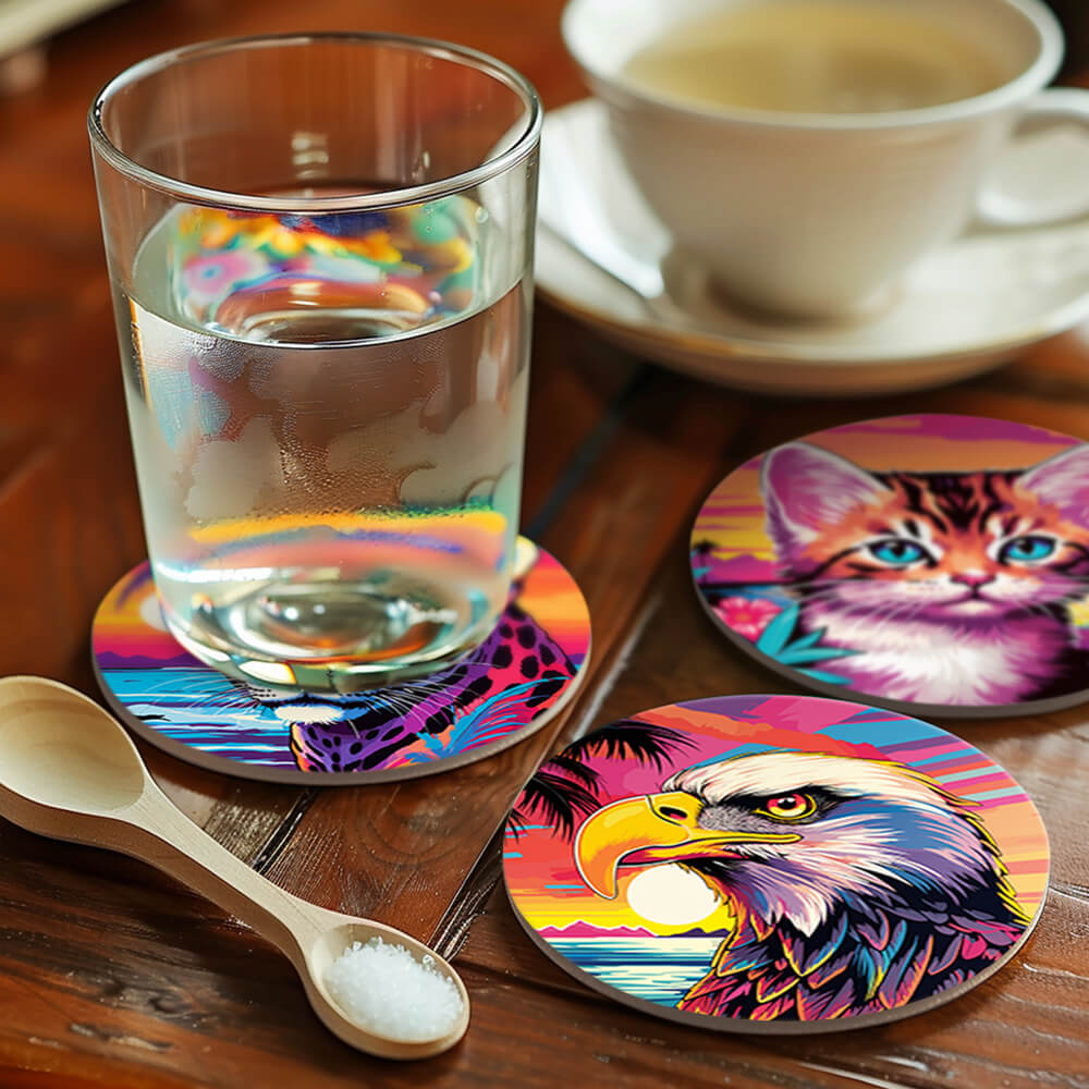 Puesta de Sol y Animales Junto al Mar 6 Posavasos Pintar por Números