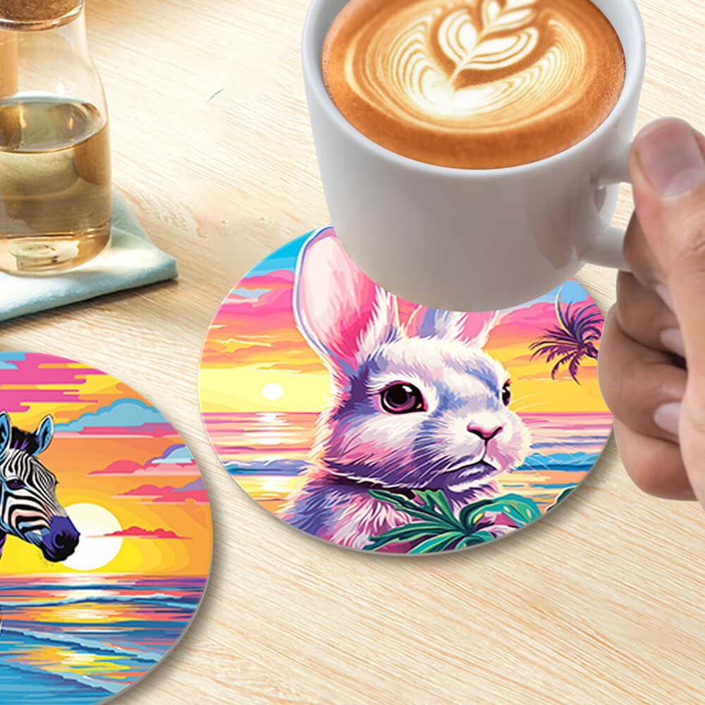 Puesta de Sol y Animales Junto al Mar 6 Posavasos Pintar por Números